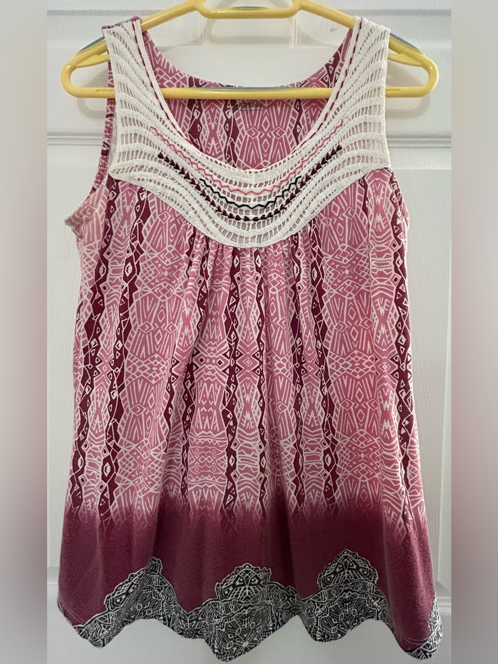Northern Reflections Pink Patterned Tank with White Crochet Yoke